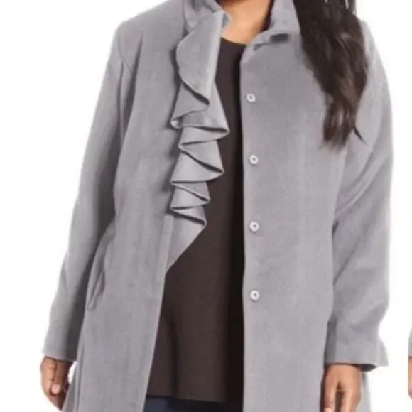 T Tahari Plus Size Kate Fall Winter Wool Cashmere Grey Coat with ruffles - Picture 3 of 12